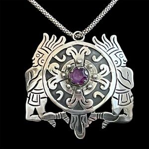 Vintage Taxco Mexico Large Sterling silver and amethyst pendant